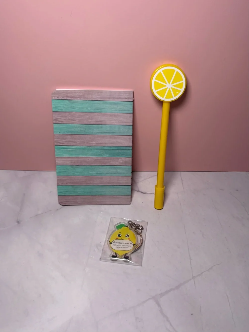 Lemon Print ‘Never Give Up’ Mini Notebook, Pen and Keychain